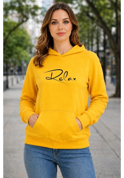 Herkesemoda Relax Baskılı Kapüşonlu 2 İplik Şardonlu Sweatshirt Sarı