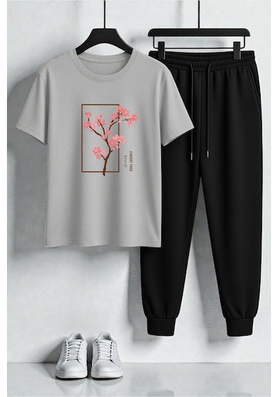 Uyguntarz Unisex Cherry Tree Tasarım Baskılı Tişört - 2'li Eşofman Takımı Gri