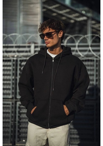 Mbb E-ticaret Erkek Tam Fermuarlı Cepli Kapüşonlu 3 İplik Pamuklu Hoodie Sweatshirt - Siyah