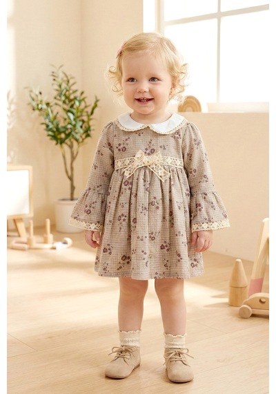 Babymod Bebe Yaka Dantelli 100% Pamuk Şık Kız Bebek Elbise Bej