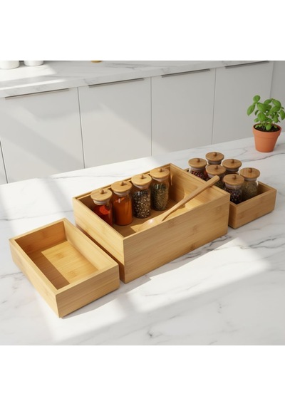 3'lü Modüler Bambu Organizer Set - Üst Üste Geçebilen Çok Amaçlı Çekmece İçi Ve Masaüstü Düzenleyici Kutu Diğer