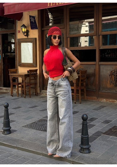 Meecy Kadın Gri Yüksek Bel Wide Leg Bol Paça Jean Pantolon Gri Gri