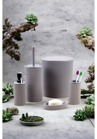 5'li Modern Ve Şık Banyo Seti, Sıvı Ve Katı Sabunluk, Diş Fırçalık, Çöp Kovası, Klozet Fırçası Gri