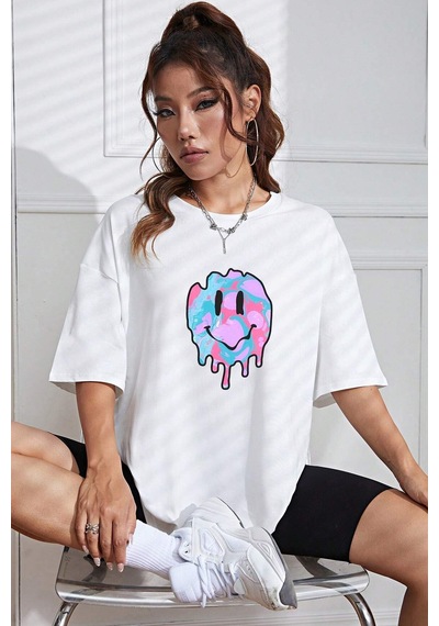 Unisex Smile Baskılı Tasarım Tshirt Beyaz