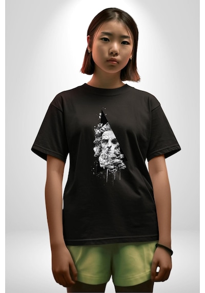 Poseidon Felsefe Pamuklu Bisiklet Yaka Unisex Oversize Boyfriend Dijital Baskılı Siyah T-shirt Siyah