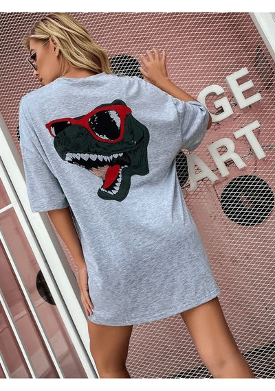 Flood Of Style Kadın Gri Sırt Baskılı Dinazor Oversize T-shirt