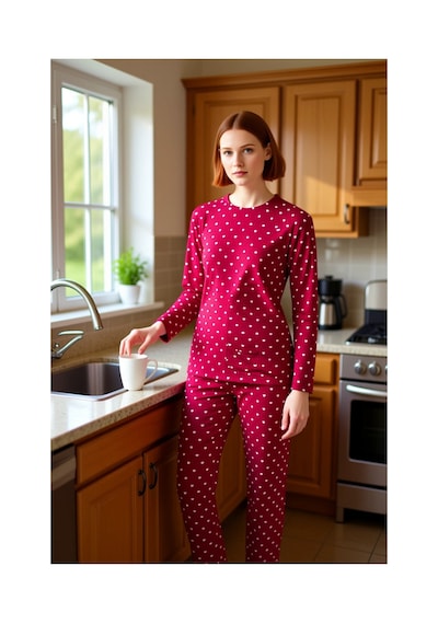 Ersefa Kadın Puantiye Ve Kalp Baskılı Örme Pijama Takımı Fonksiyonel Day bordo