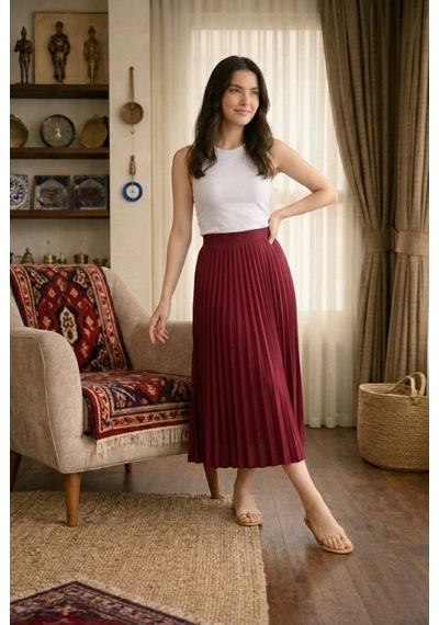 Wear Vexel Kadın 90 Cm Saten Kumaş Pliseli Midi Etek Şık Ve Zarif Tasarım - Bordo Çok Renkli