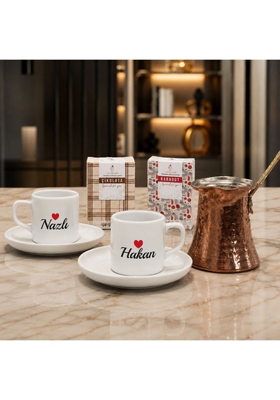 Bk Gift Kutulu Kişiye Özel İsimli 2'li Fincan & Bakır Cezve Ve Karadut - Çikolata Aromalı Kahve Seti