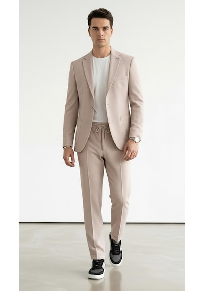 Erkek Yazlık Dokulu Kumaş Tek Düğme Ceketli Jogger Pantolonlu Takım Elbise Slim Fit Spor Şık Kombin Bej Erkek Yazlık Dokulu Kumaş Tek Düğme Ceketli Jogger Pantolonlu Takım Elbise Slim Fit Spor Şık Kombin Bej