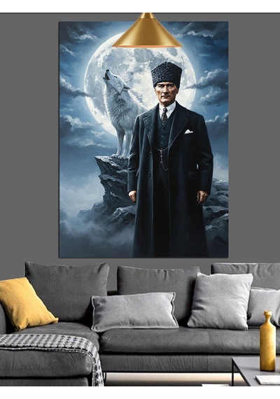 Ay Işığında Atatürk Ve Uluyan Bozkurt Dekoratif Kanvas - Mdf Ahşap Tablo