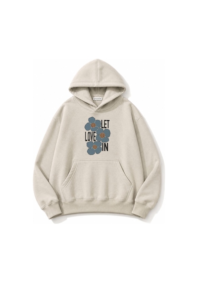 Herkesemoda Love Çiçek Baskılı Kapüşonlu 2 İplik Şardonlu Sweatshirt Bej