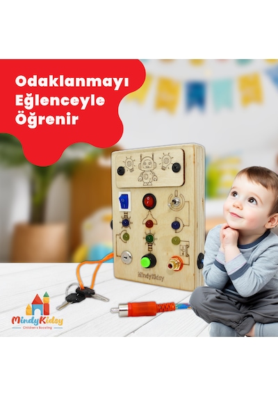 Çocuklar İçin Eğitici Ahşap Montessori Mini Işıklı Oyun Panosu - Zeka Geliştirici Oyuncak