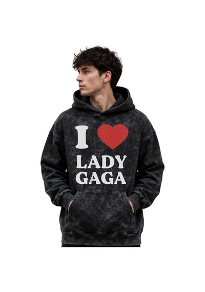 Sevbano Lady Gaga Şarkıcı Baskılı Unisex Oversize Yıkamalı Premium Hoodie Siyah