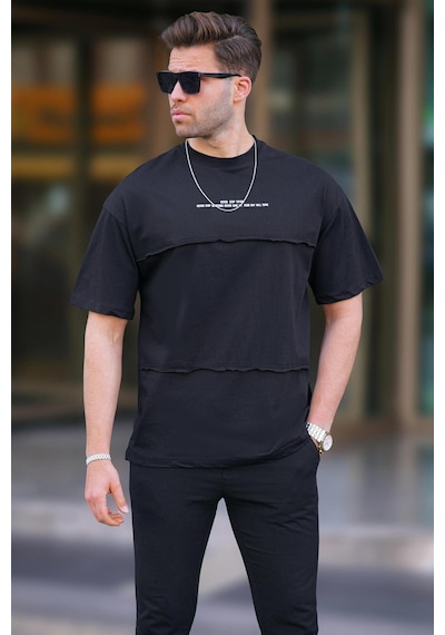 Madmext Siyah Oversize Baskılı Bisiklet Yaka Tişört 7017-siyah Siyah