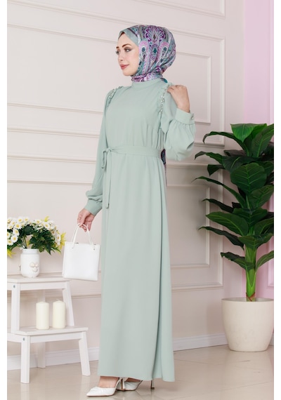 Sevitli Omuzu Taş Detaylı Rose Elbise-mint Yeşili-4775 Mint Yeşili