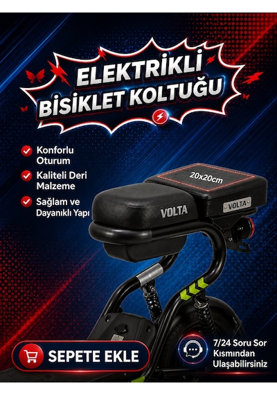 Volta Vsm Deri Koltuk, Elektrikli Bisiklet Deri Koltuk, Motosiklet Deri Koltuk, Arka Sele Çocuk Deri Koltuk Seti Siyah