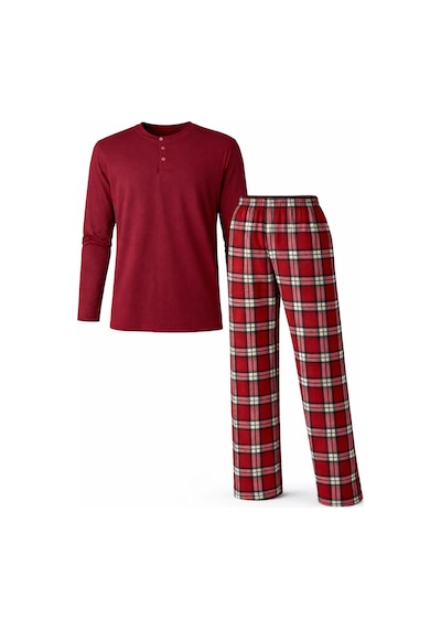 Mutlu City Erkek Mevsimlik Uzun Kollu 3 Düğmeli Ekose Alt Pijama Takımı 16649 Bordo