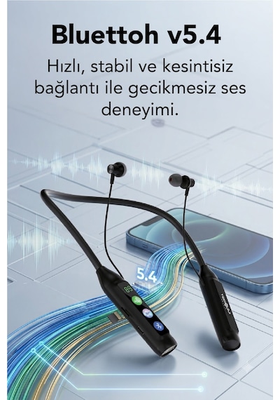 600 Saat Sporcu Kulaklığı Kablosuz Bluetoot Kulaklık Led Göstergeli Boyunluk Kulaklık Stereo V5.4