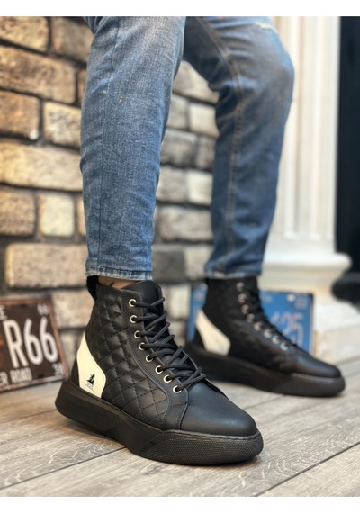 DMR Elegance Ba0159 Bağcıklı Erkek Yüksek Taban Siyah Beyaz Spor Bot Rekli