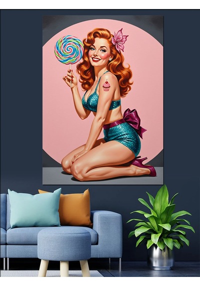 Ahşap Tablo Sarmal Şeker Yiyen Pin-up Kız İnsan Figürlü Tablolar