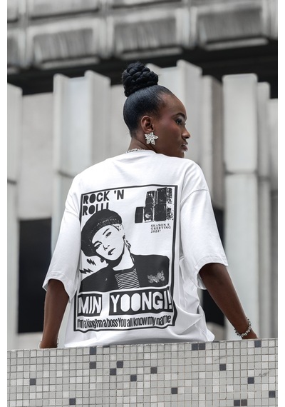Sevbano Rock In Roll Min Yoong Sırt Baskılı Unisex Oversize Rapper Tişört Beyaz