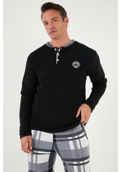 Buratti Ekoseli Regular Fit Düğmeli Bisiklet Yaka Kışlık Polar Erkek Pijama Takımı 60961008 Siyah