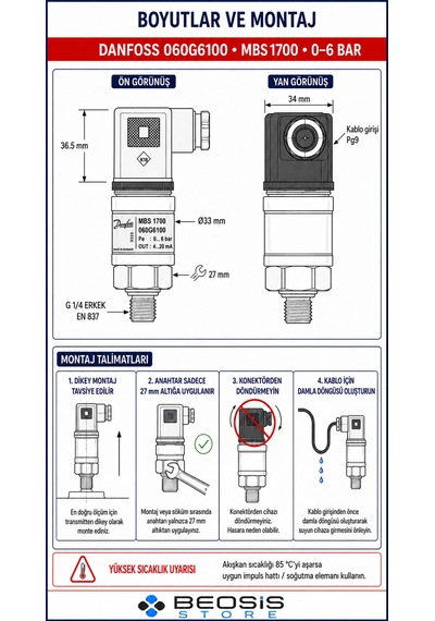 Danfoss 060g6102 Mbs 1700 0-16 Bar Basınç Transmitteri