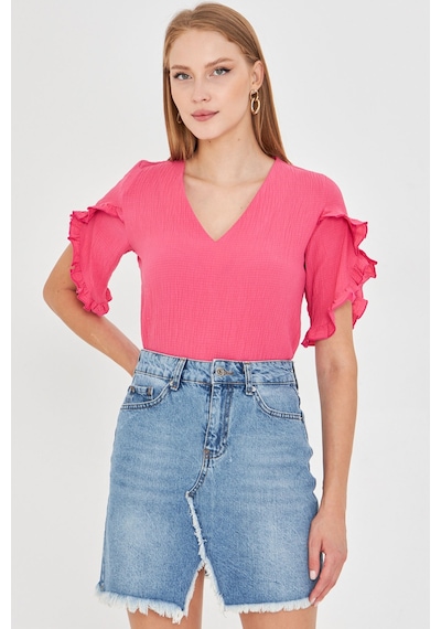 Armonika Kadın Fuşya V Yaka Kolları Fırfırlı Kısa Kol Bluz Arm-25y001070 Armonika Kadın Fuşya V Yaka Kolları Fırfırlı Kısa Kol Bluz Arm-25y001070