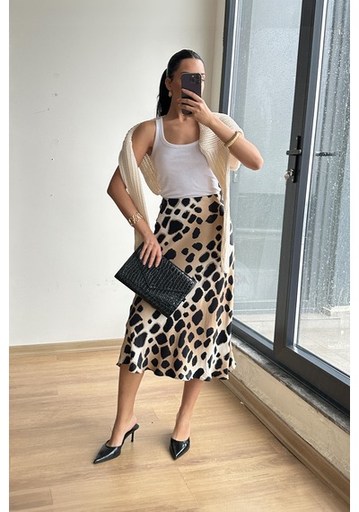 Mixray 4647 Kadın Beli Lastikli Leopar Saten Etek Bej