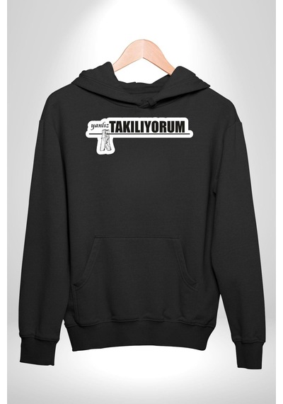 Yalnız Takılıyorum Yazılı Kadın Erkek Siyah Kapüşonlu Sweatshirt Hoodie Siyah