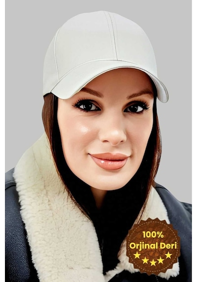 Unisex %100 Deri Arkadan Ayarlanabilir Kep Şapka Ekru