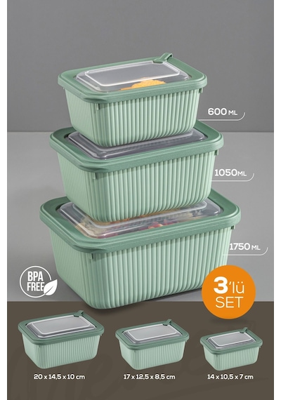 Vienev 3'lü Vip Dikdörtgen Mikrodalga Ve Difrize Uygun Saklama Kabı Seti Yeşil 1x 1750,1050,600 Ml Yeşil