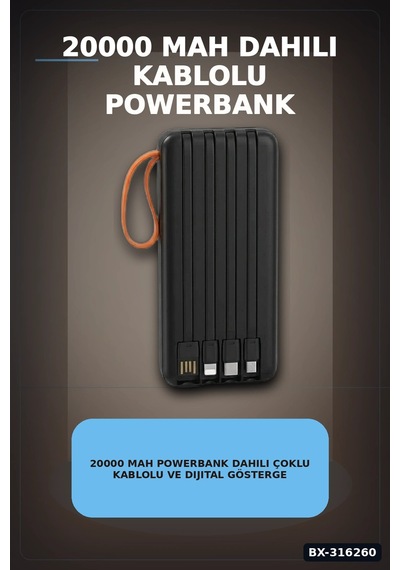 20000 Mah Powerbank Dahili Çoklu Kablolu Ve Dijital Göstergeli Taşınabilir Şarj Cihazı Bx-316260 Çok Renkli