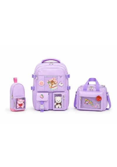Quovo Kawaii Kore Tarzı Full Aksesuarlı Yerli Günlük Okul Çantası Kız Erkek Beslenme Kalemlik Çanta Seti Pembe - Lila