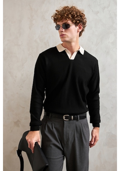 Erkek Polo Yaka Nopeli Oversize Triko Kazak Siyah