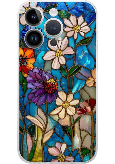 Printify Apple Uyumlu iPhone 14 Pro İle  Vitray Mavi Bahar Tasarımlı Şeffaf Silikon Kılıf Şeffaf