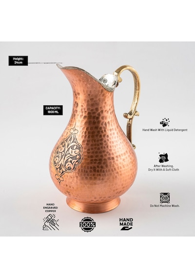 Gaziantep El Yapımı Bakır Sürahi 1800 Ml Osmanlı Motifli, Pirinç Kulplu, El Dövmesi Bakır Su Sürahisi