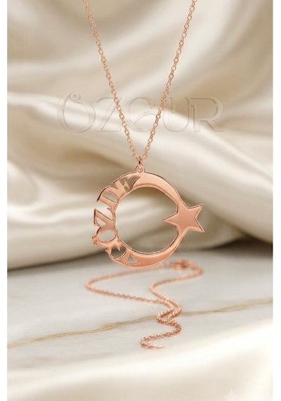 925 Ayar Gümüş İsimli Ay Yıldız Kolye Rose Gold