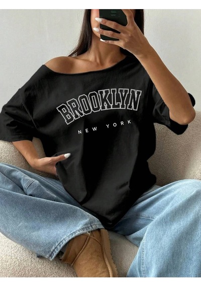 Startmore Startmore Büyük Beden Kayık Yaka Brooklyn Baskılı Oversize %100 Pamuk Siyah