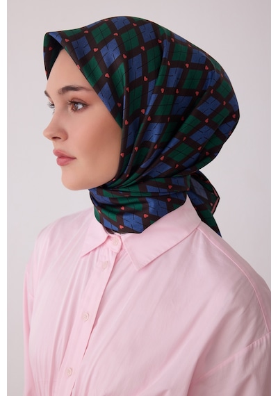 Belli Geometrik Desen %100 Twill İpek Eşarp Be08 Yeşil