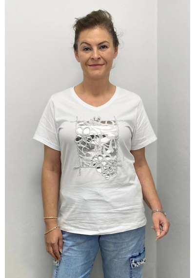 Kadın Beyaz Gümüş Baskılı Tshirt Beyaz