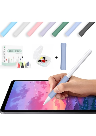 Apple Pencil 1-2 Nesil Pro Usb-c Uyumlu Soft Yumuşak Silikon Kalem Tutucu Ve 8'li Kalem Ucu Koruyucu Lavanta