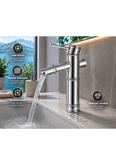 Viosa Lüx Premium Krom Bambu Çanak Lavabo Bataryası Çanak Lavabo Uyumlu Parlak Gri Batarya Siyah
