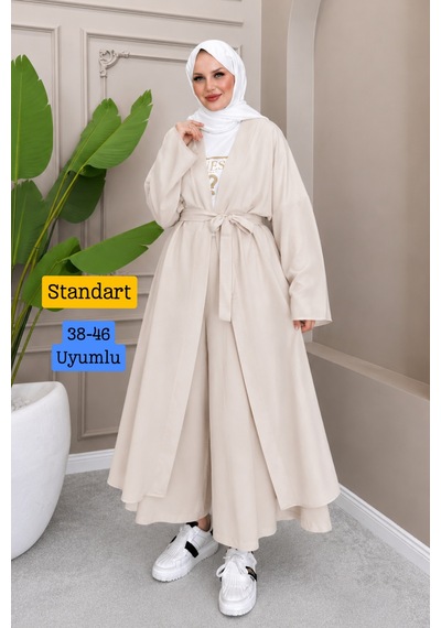 Balenbi Kadın Kuşaklı Kimono Hırka Bol Paça Pantolon Takım Tesettür 2'li Kombin 1230 Taş