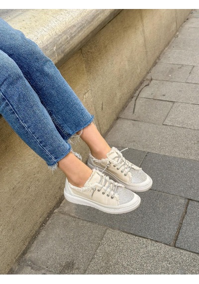 Erva'nın Butiği Bej Keten Jule Taş Bağcıklı Kadın Sneakers-5787