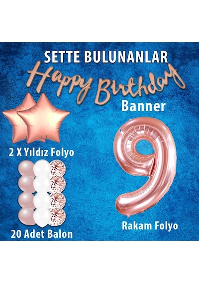 Rose Gold Konsept 9 Yaş Doğum Günü Kutlama Seti; Beyaz Gold Konfe