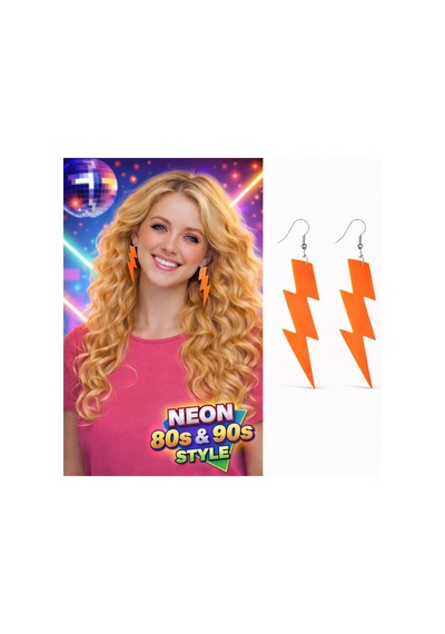 80 Ler 90'lar Retro Neon Turuncu Şimşek Küpe 10 Cm Altın - Çok Renkli