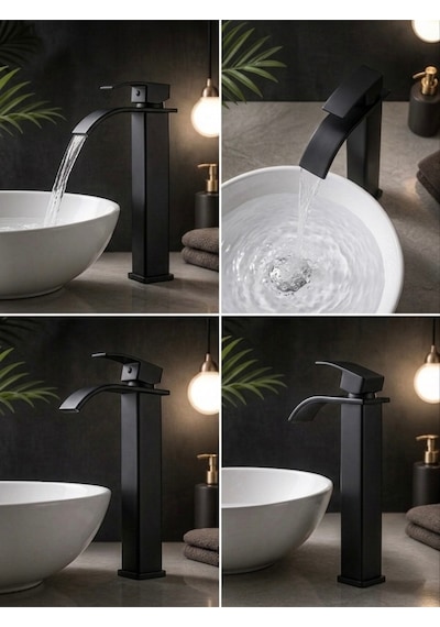 Mat Siyah Şelale Lavabo Bataryası Uzun Çanak Lavabo Musluğu Modern Çift Su Girişli Banyo Musluğu
