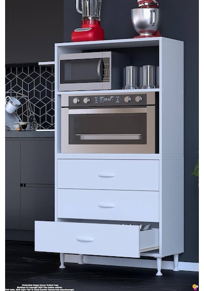 Velar 85 Cm 3 Çekmeceli Mikrodalga Fırın Mutfak Erzak Dolabı Çok Amaçlı Banyo Dolabı 85x150x32 Cm Beyaz